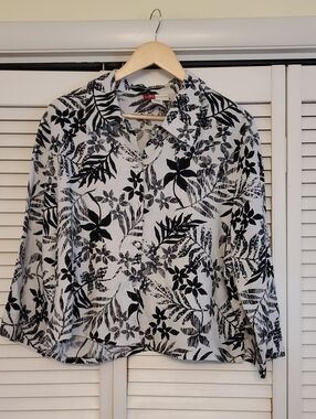 JM Collection Tropical Neutral Top Blazer Shirt 100% Linen, Size 16